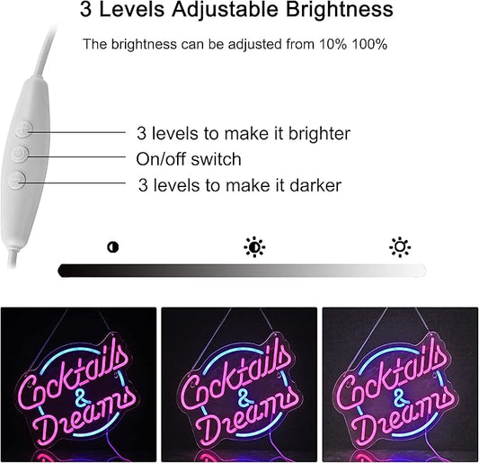 Cocktails and Dreams Neon Sign for Wall Decor Neon Signs with Dimmable Switch LED Neon Signs Bedroom Beer Bar Neon Light Sign Hotel Party Club Office Art Lights