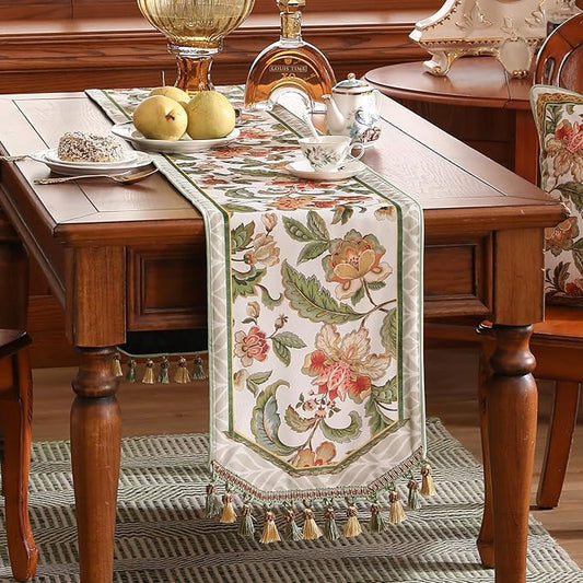 patdrea Designer Elegant French Floral Velvet Table Runner, Fresh Green with Orange Blossoms Pattern Table Mat, Decoration for Kitchen Dining Coffee Table Cabinet Banquet Thanksgiving,12"*87"