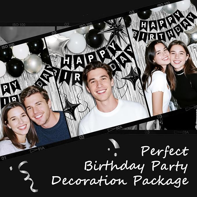 14th Birthday Decorations for Boys Girls, Black Silver Happy Birthday Party Decorations， 14 Year Old Party Supplies with Number 14 Balloons, Banner, Fringe Curtains Kit
