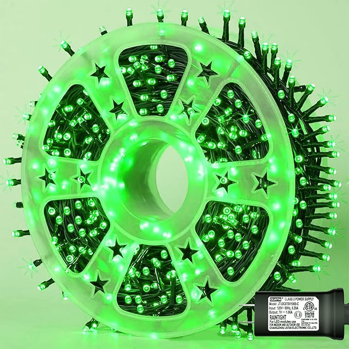 YEGUO 165ft 500 LED Halloween Lights Outdoor Waterproof, 8 Modes Green String Lights Plug in, Green Wire Christmas Lights Indoor with Timer Memory