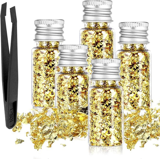 5Pcs Decorative Gold Leaf, Multifunction Gold Flakes Cake Decoration Baking Foil Decor with Plastic Tweezers for Cooking Dessert Steak Decoration Crafts Makeup