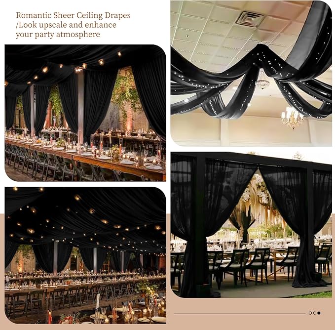 6 Panels Black Ceiling Drapes 5ftx10ft Wedding Chiffon Fabric Arch Draping Sheer Curtains Soft Drapery for Party Ceremony Stage Swag Decorations