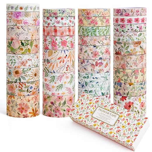 32 Rolls Washi Tape Set, Colored Floral Decorative Masking Tape, Artists Tapes for Journaling, Junk Journal, DIY Craft Projects, Scrapbooking Supplies Decor