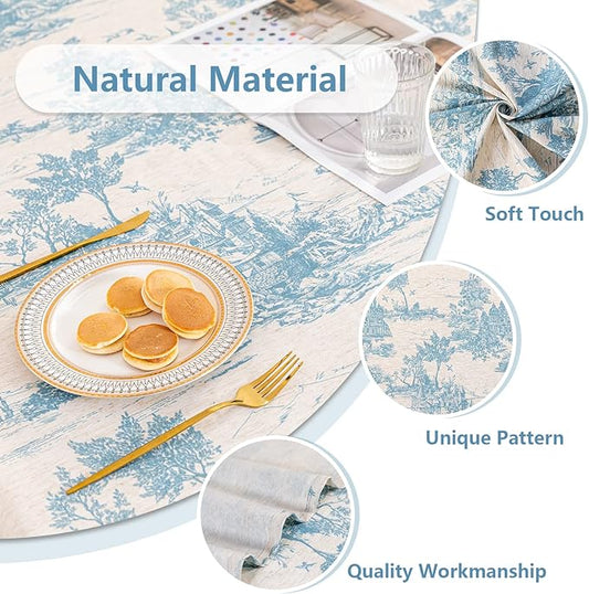 MYSKY HOME Linen Vintage Rectangle Tablecloth 60x102 Inches, Blue Castle Print Table Cloth for Dining Table I Tabletop I Parties/Outdoor I Spring/Summer Waterproof Fabric Farmhouse Tablecloth