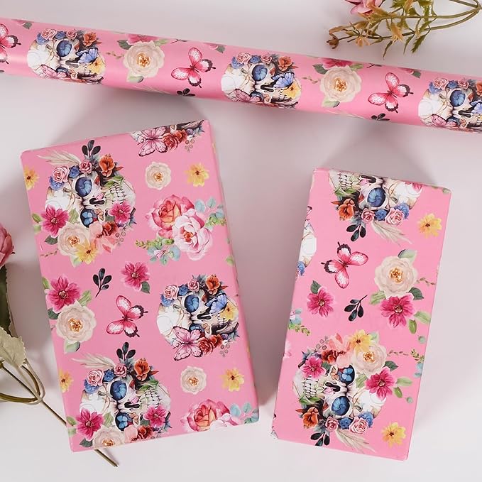 Aimyoo Gothic Wrapping Paper Roll, 17 Inch X 33 Feet Skull Floral Butterfly Design Gift Wrap Paper for Mother's Day, Birthday Bridal Shower