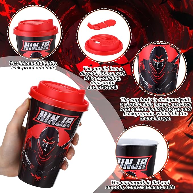 Yungyan 36 Sets Ninja Party Favors Goodie Cups with Lids and Straws for Birthday Decorations Reusable 16oz Plastic Candy Cups Plastic Straws for Birthday Party (Ninja)
