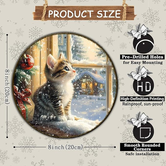 Round Christmas Sign Cats Vintage Metal Sign Christmas Kitten Retro Tin Sign Wall Decor for Home Office Bar Club Man Cave 8 * 8 in