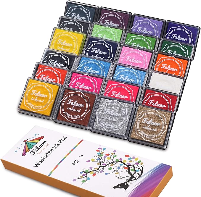 Finger Washable Ink Pads for Kids, 24 Pack Craft Ink Pad for Rubber Stamps Paper Wood Fabric (Pack of 24)