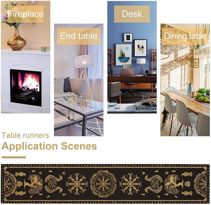 Viking Tree of Life Abstract Table Runner for Living Room Home Party Coffee Dining Party Wedding Golden Black Celtic Style Geometric Dragon Boat Rudder Ancient Script Table Runner 13x60 Inch