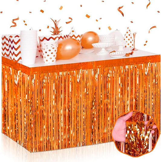 3 Pack 29 x108 Inch Orange Foil Fringe Table Skirts Metallic Banner for Tinsel Streamer Garland Backdrop for Parade Floats Wedding Thanksgiving Birthday Christmas Halloween New Year Party Decoration