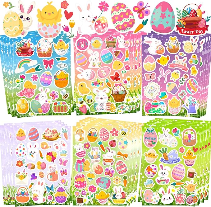 36 Sheets Easter Stickers, Easter Stickers for Kids, Easter Egg Stickers Bunny Stickers for Kids Easter Egg Decorating Party Favors Treats, Crafts, Basket Stuffers,Goodie Bag Fillers