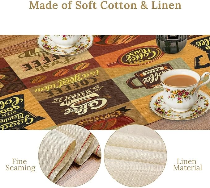 Coffee Table Runner,Vintage Style Coffee Beans Cups Theme Design Pattern Print Tablecloth Burlap for Hotel Indoors Outdoor Dining Room Kitchen Holiday Party, 13x70in