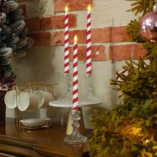 Baquler 6 Pcs Christmas Flameless Taper Candles 10.6 Inch Glitter Candy Cane Candles Battery Operated LED Christmas Candlesticks for Xmas Centerpiece Holiday Party Decor
