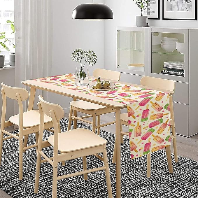 Ice Cream Popsicles Table Runner, Watercolor Summer Seasonal Fruit Peach Kiwi Berry Popsicles Orange Pink Sweet Dessert Dinner Runner for Party Holiday Home Kitchen Dining Table Decor 13"x60"