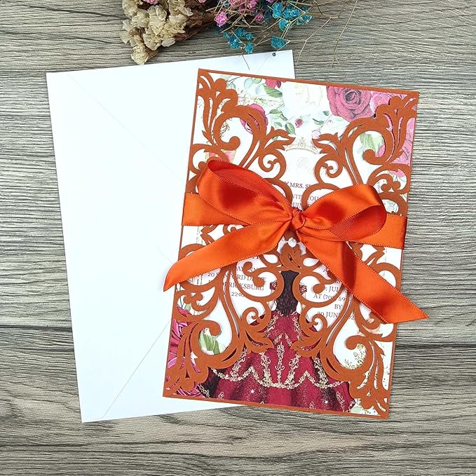25PCS Terracotta Laser Cut Wedding Invitations Cards with Envelopes,Blank Inner Sheets,Ribbons for Wedding Bridal Shower Quinceañera Engagement Birthday Invites