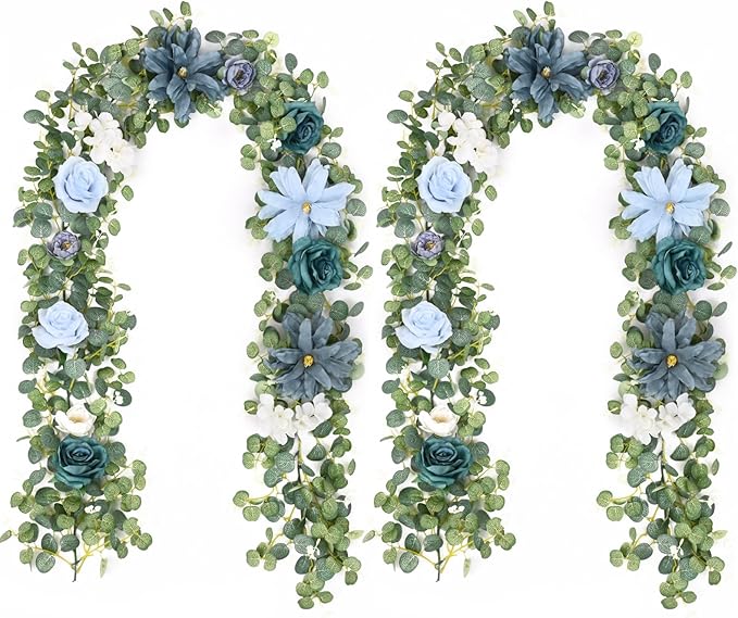 Waipfaru 2Pcs Artificial Eucalyptus Garland with Flowers 6.07Ft, Wedding Table Decorations, Floral Rose Garland for Centerpieces Backdrop Wall Flower Vines for Room Decor (Dusty Blue)