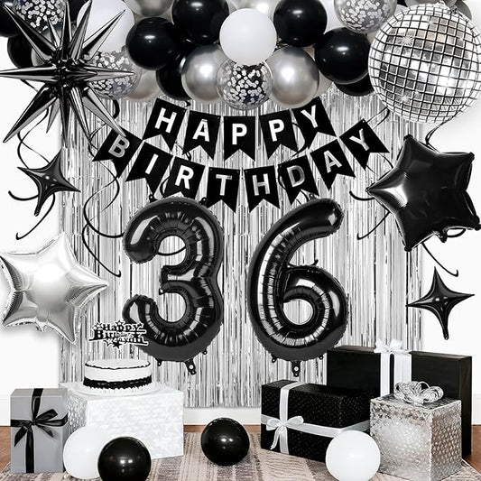 36th Birthday Decorations for Men Women, Black Silver Happy Birthday Party Decorations， 36 Year Old Party Supplies with Number 36 Balloons, Banner, Fringe Curtains Kit