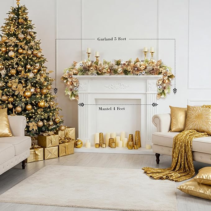 5 ft Christmas Garland for Mantle Unlit Garland for Stairs Railing, Banister, Staircase, Fireplace, for Table No Light, Garland Decor Frosted Red Poinsettia Holiday Tree (Glittery Champagne Gold)