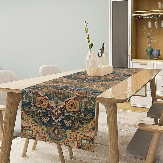 Boho Bohemia Style Table Runner, Country Rustic Farmhouse Vintahe Colorful Geometry Print Table Runner for Home Kitchen Dinner Party Holiday Decor, 13x108inch