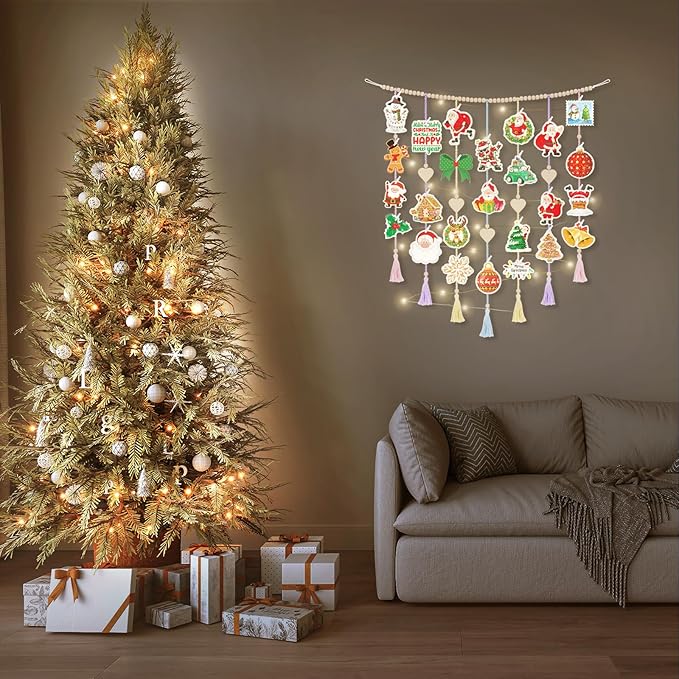 Boho Macrame Wall Decor with Hanging Photo Display and Fairy Lights 14 Wood Clips Picture Frame Holder for Teen Girl Gifts Bedroom Dorm Decor Christmas Birthday Party Art Hanging Decor