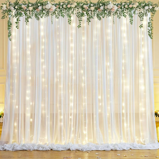 10x10ft White Sheer Backdrop Curtain with Lights String for Wedding, Fairy Light Up Curtain Backdrops for Baby Shower, Chiffon Photo Backdrop Drapes for Birthday Party Photo Shoot (5 x 10ft,2 Panels)