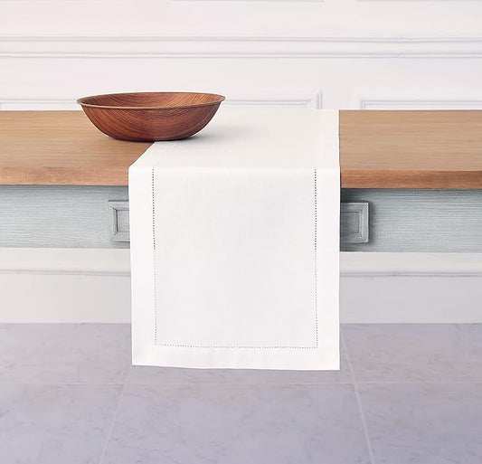 Solino Home White Table Runner 48 Inches - Cotton Linen Hemstitch Coffee Table Runner 14 x 48 Inch Ideal for Dresser Tables - Fall, Autumn, Halloween, Thanksgiving, Christmas, Holiday