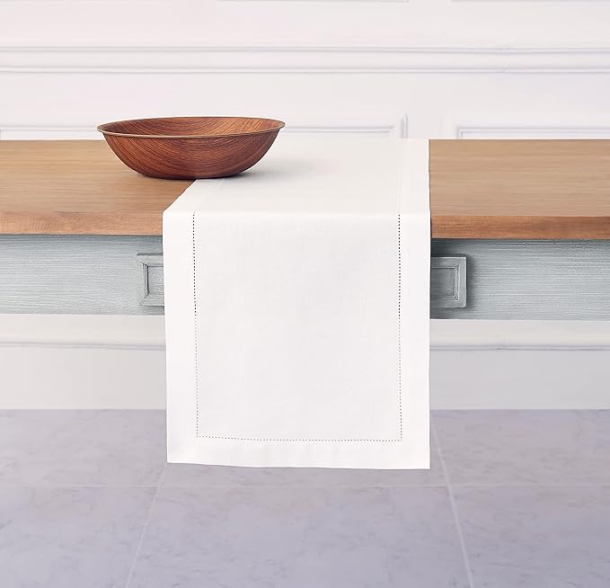 Solino Home White Table Runner 132 Inches Long - Cotton Linen Hemstitch Extra Long Table Runner 14 x 132 Inch for Fall, Autumn, Halloween, Thanksgiving, Christmas, Holiday