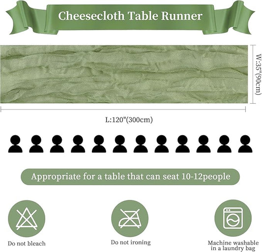 6 Pack Sage Green Cheesecloth Table Runner 10FT Long Boho Gauze Table Runner Rustic Sheer Runner for Wedding Bridal Baby Shower Birthday Party Table Decor Thanksgiving Christmas Decorations