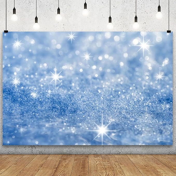 YongFoto Silver Blue Glitter Backdrop 12x8ft Silver Light Spots Blue Sequin Bokeh Photography Background Birthday Bridal Shower Wedding Photography Background Party Banner Portraits Photoshoot Props
