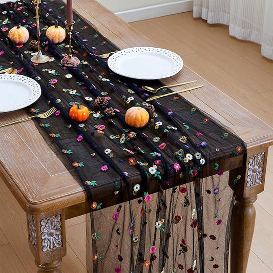 JIALE Black Floral Table Runner, Embroidery Daisy Seasonal Table Decorations, 120Inch 10FT Tulle Fabric for Home Decor, Bridal Shower Wedding, Baby Shower Parties, DIY Craft