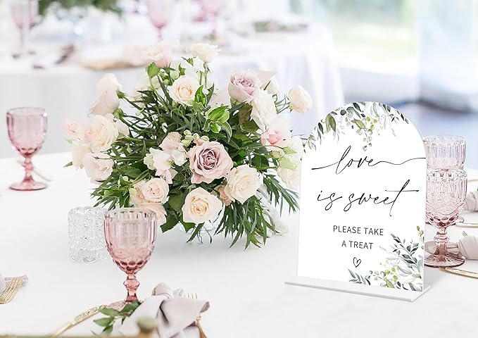 Greenery Love is Sweet Sign, 6 x 8 Inch White Arch Acrylic Wedding Sign with Holder, Wedding Sign for Ceremony and Reception, Wedding Decoration, Wedding Supplies - LY07