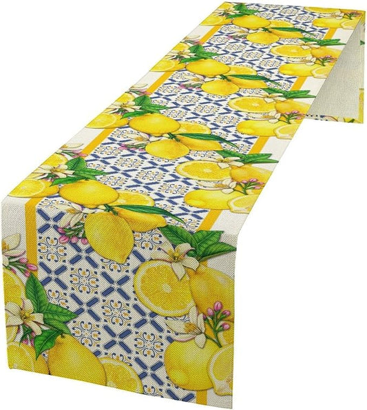 Lemon Table Runner,Spring Summer Seasonal Yellow Blue Table Runner for Kitchen Dining Table Home Party Decoration 13x36 Inch