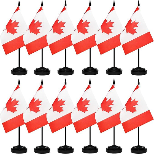 12 Pack Canada Desk Flags Set, Canadian Small Mini Table Office Flags With 12" Solid Black Pole, Black Base and Spear Top, Miniature Desktop Flag, Home Decoration, Office Decoration, Festival