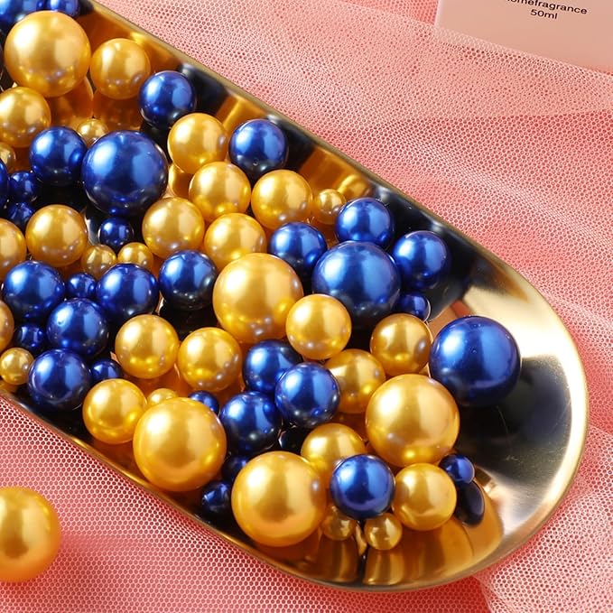 200 Pcs Vase Filler Beads Gold and Blue Pearl Beads for Vase No Hole Pearls for Centerpieces Vases DIY Home Table Party Decor DIY Wedding 8/14/20mm
