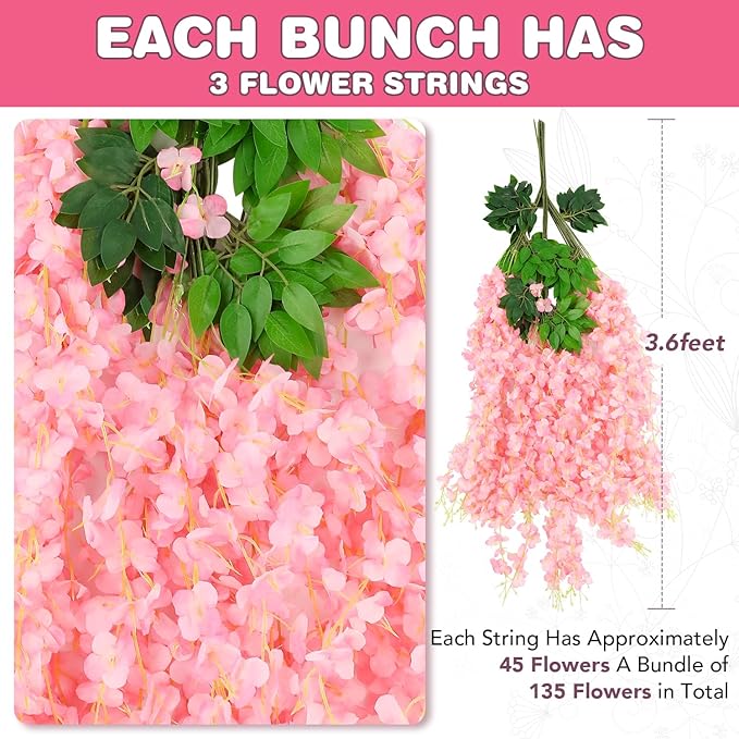 Wisteria Hanging Flowers,Fake Hanging Flowers,Wisteria artificiales Garland for Home Wedding Arch Floral Party Garden Ceremony Outdoor Decor,3.6 feet Long(48,Pink)