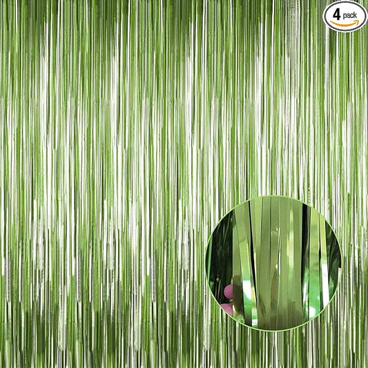 4 Pack Light Green Foil Fringe Curtain Backdrop, 3.28Ft x 8.2Ft Metallic Tinsel Foil Fringe Streamer Curtains for Photo Booth Props, Birthday, Wedding, Christmas Decorations Party Supplies New