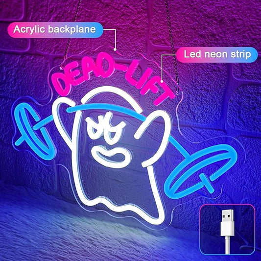 Dumbbell Neon Sign,Neon Signs for Wall Decor,Gym Neon Sign,Ghost Dead Lift Led Sign,Barbell Led Signs for Wall,USB Powered with Dimmable Switch Neon Lights for Bedroom,Gym Decor,Workout