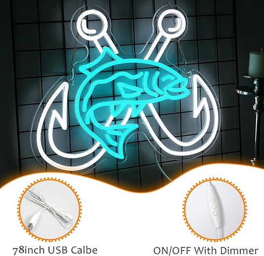 LISIGNVE Crossed Fish Hooks Neon Sign Fishing Led Neon Light for Wall Decor Fish On Light up Sign for Fishing Gear Store Yacht Gift for Father Boy(16.5 * 12.6 In)