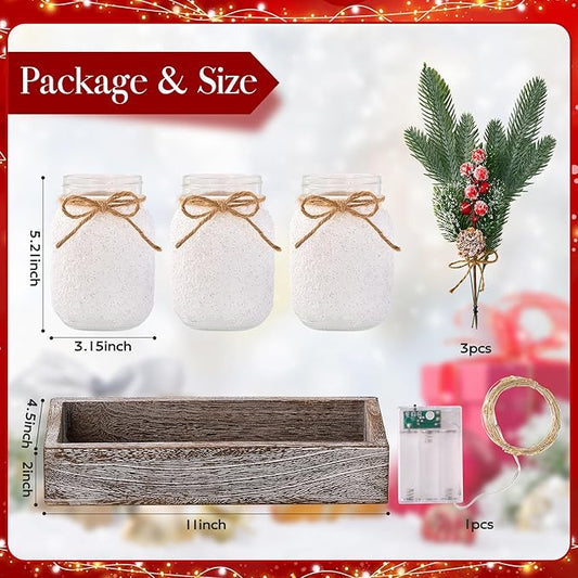 Christmas Centerpieces for Tables, Table Decor with Mason Jar, Flowers Picks, Farmhouse Wood Tray, Christmas Winter Table Decorations Centerpieces, Xmas Holiday, Kitchen, Room, Dining Decor