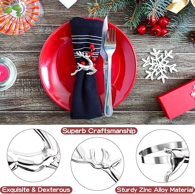 ZeeDix Silver Reindeer Christmas Napkin Rings Set of 8, Napkin Holder Ring for Christmas Dinner Table Decor Cloth Napkins, Wedding Receptions, Holiday Party, Banquet and Home Kitchen