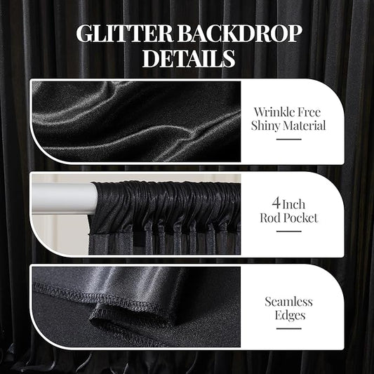10x10 ft Black Glitter Backdrop Curtain for Parties, Wrinkle Free Satin Photo Backdrop Drapes 2 Panels 5x10FT Shimmer Back Drop Cloth for Wedding Birthday Halloween Photography Background Decor