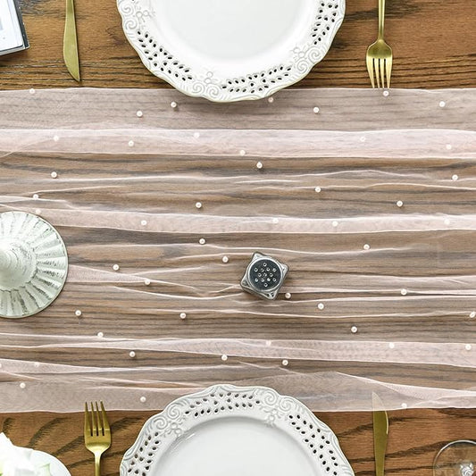 Artoid Mode Pearl Pink Gauze Table Runner 120 Inch 10FT, Seasonal Sheer Dining Holiday Wedding Birthday Baby Shower Table Decor for Home Party