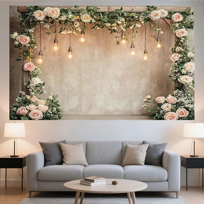 10x8ft Country Wedding Photography Backdrop Floral Rustic Roses Farmhouse Wooden Door Backdrop Pink Flower Birthday Baby Shower Wedding Bridal Party Banner Photo Booth Props Anniversary Background