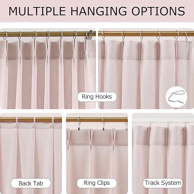 Vision Home Soft Pink Pinch Pleated Semi Sheer Curtains Textured Linen Blended Light Filtering Window Curtains 63 inch for Living Room Bedroom Pinch Pleat Drapes with Hooks 2 Panels 40" Wx63 L