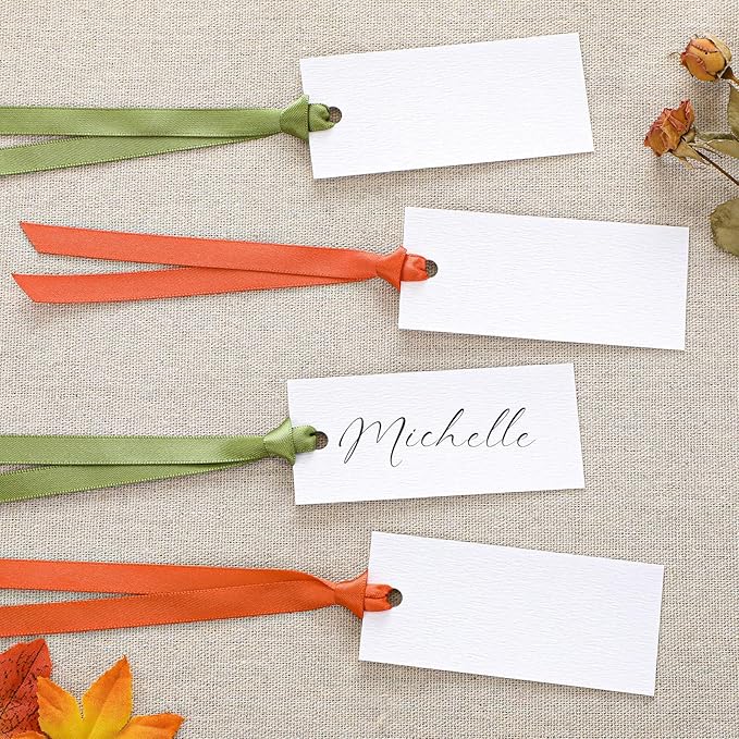 50 Pcs Name Place Cards for Table Setting Blank Wedding Place Cards with Satin Ribbon 1.57 x 3.54 Inch Hanging Gift Tags for Wedding Dinner Banquet Party Table Setting Supplies(Autumn Color)