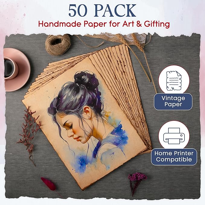 Wanderings Handmade Deckled Edge Vintage Paper - 10"x12" - Thick 300 GSM - Pack of 25 - Watercolor, Mixed Media for Artists, Writers, Bookmaking, Arts & Crafts - 100% Recycled Cotton