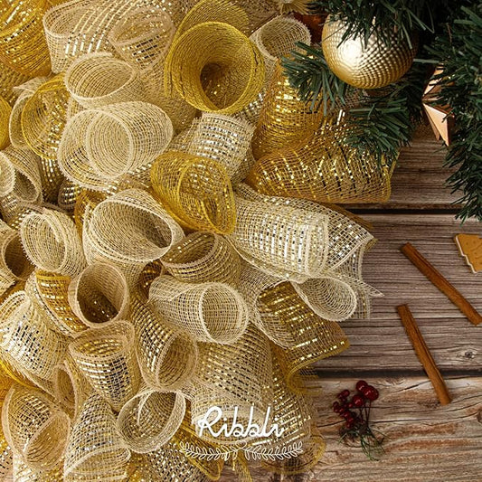 Ribbli 2 Rolls Gold Mesh Ribbon,10 inch x 30 feet(10Yard) Each Roll,Metallic Gold with Wide Gold Foil,Christmas Ribbon for Wreath Swags and Decorating