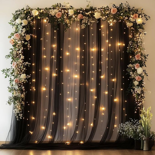 Tulle Backdrop Curtain with Lights String 10FT X 8FT Black Sheer Tulle Backdrop Curtains for Wedding Birthday Party Reception Photo Booth Background Decorations (2 Panels 5x8FT)