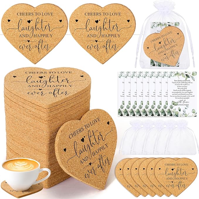 Uiifan 50 Set Wedding Favors for Guest Coaster Gifts Bulk Heart Shaped Coasters Thank You Cards Organza Bags Guest Souvenirs for Wedding Party Bridal Favors