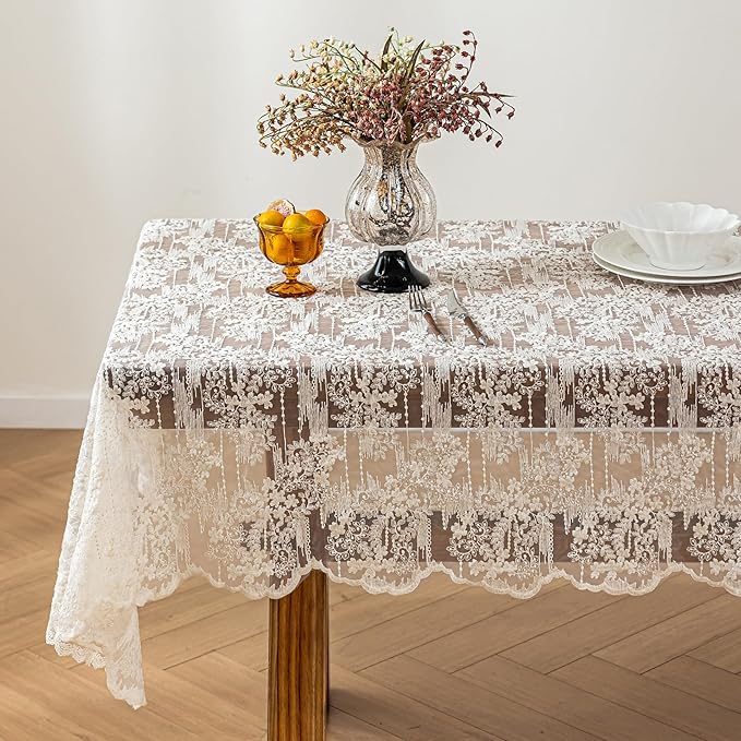 Lace Embroidered Tablecloth. Rectangle Lace Vintage Tablecloth Dustproof Table Protector for Kitchen Dining Room Party Banquet Home Picnic Wedding Decoration (Creamy White 98×53 inch)